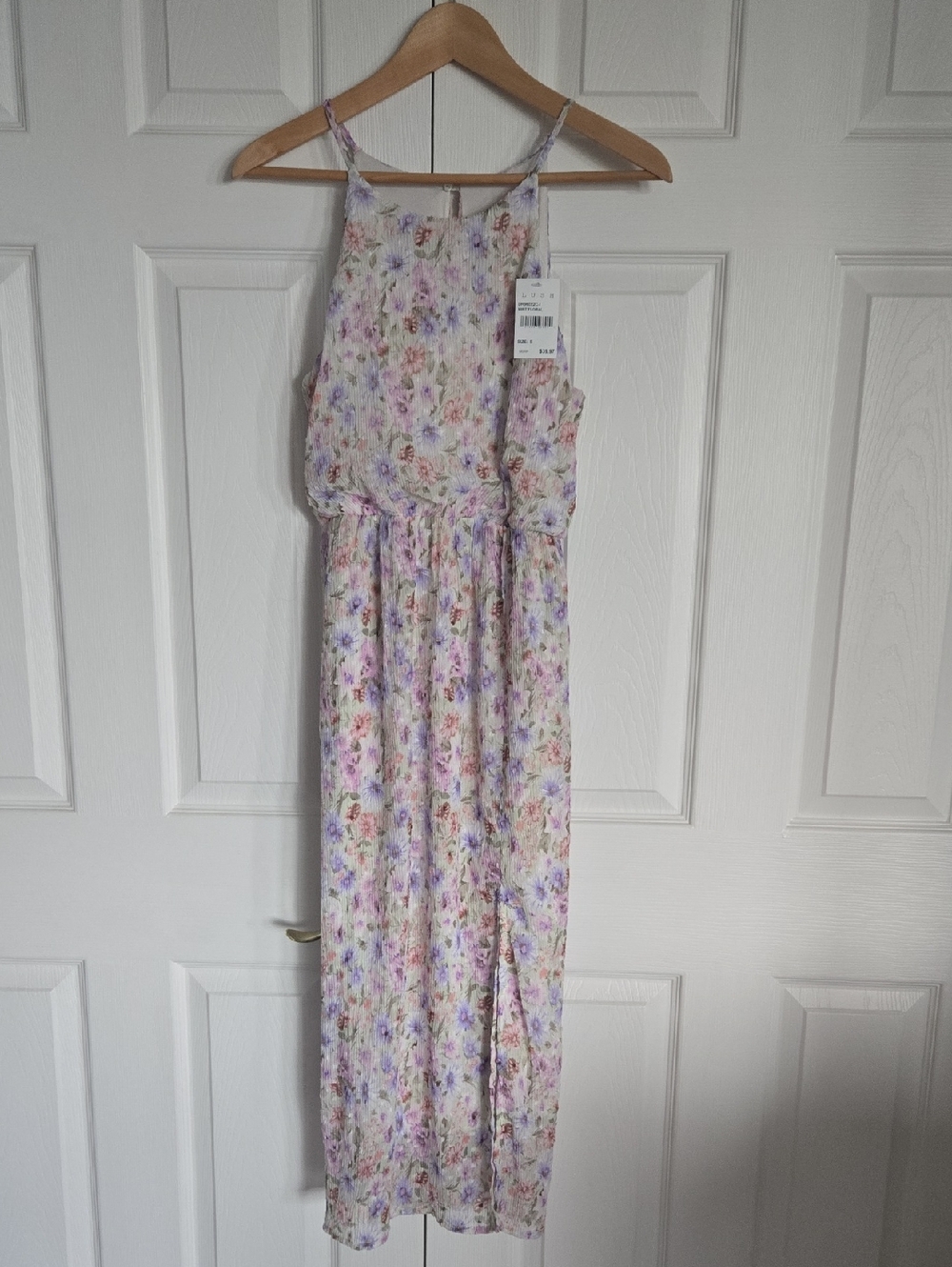 NWT Floral Spaghetti-Strap Maxi Dress - Cream with Pink & Purple Flowers